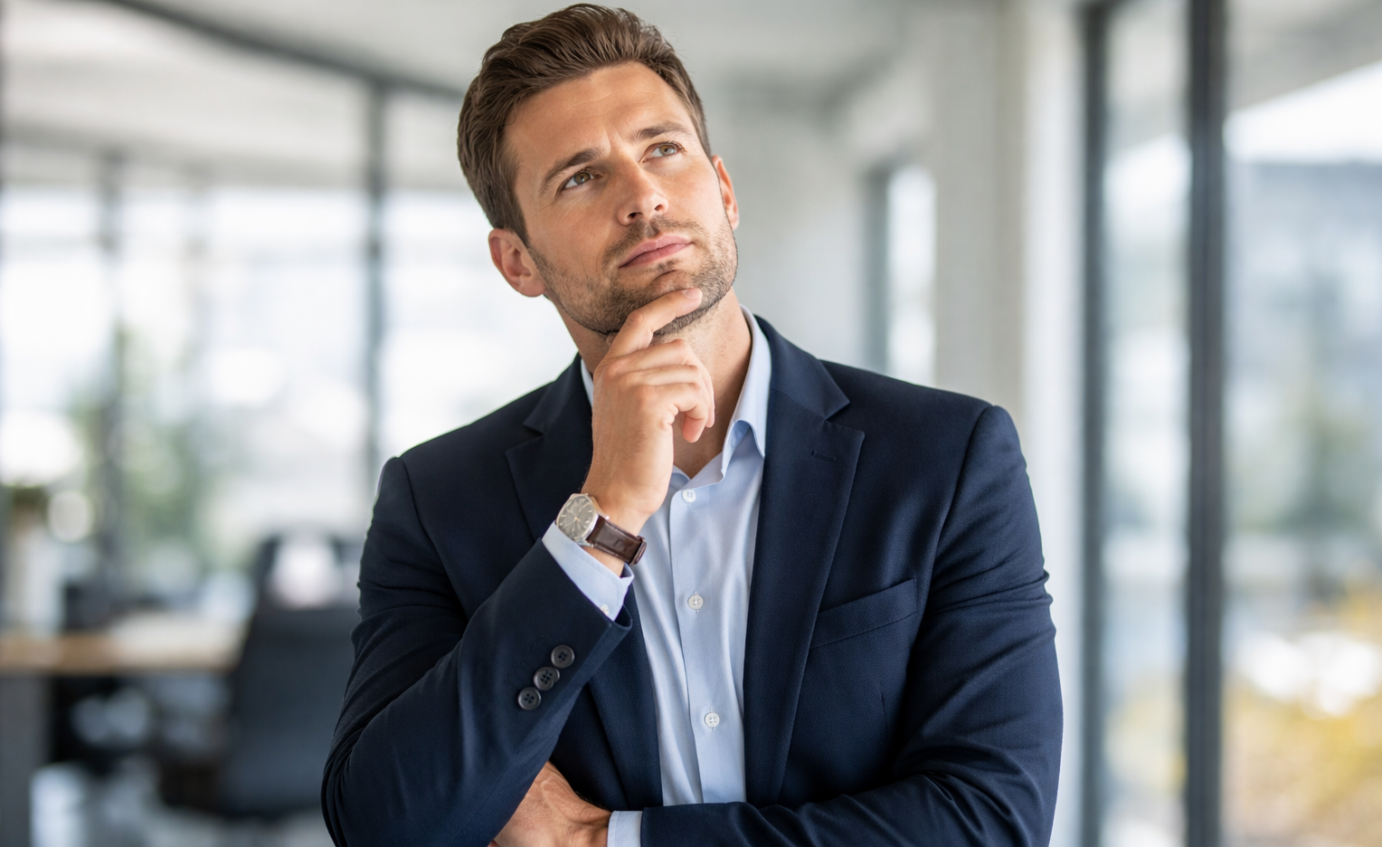 Businessman pondering a patient research question